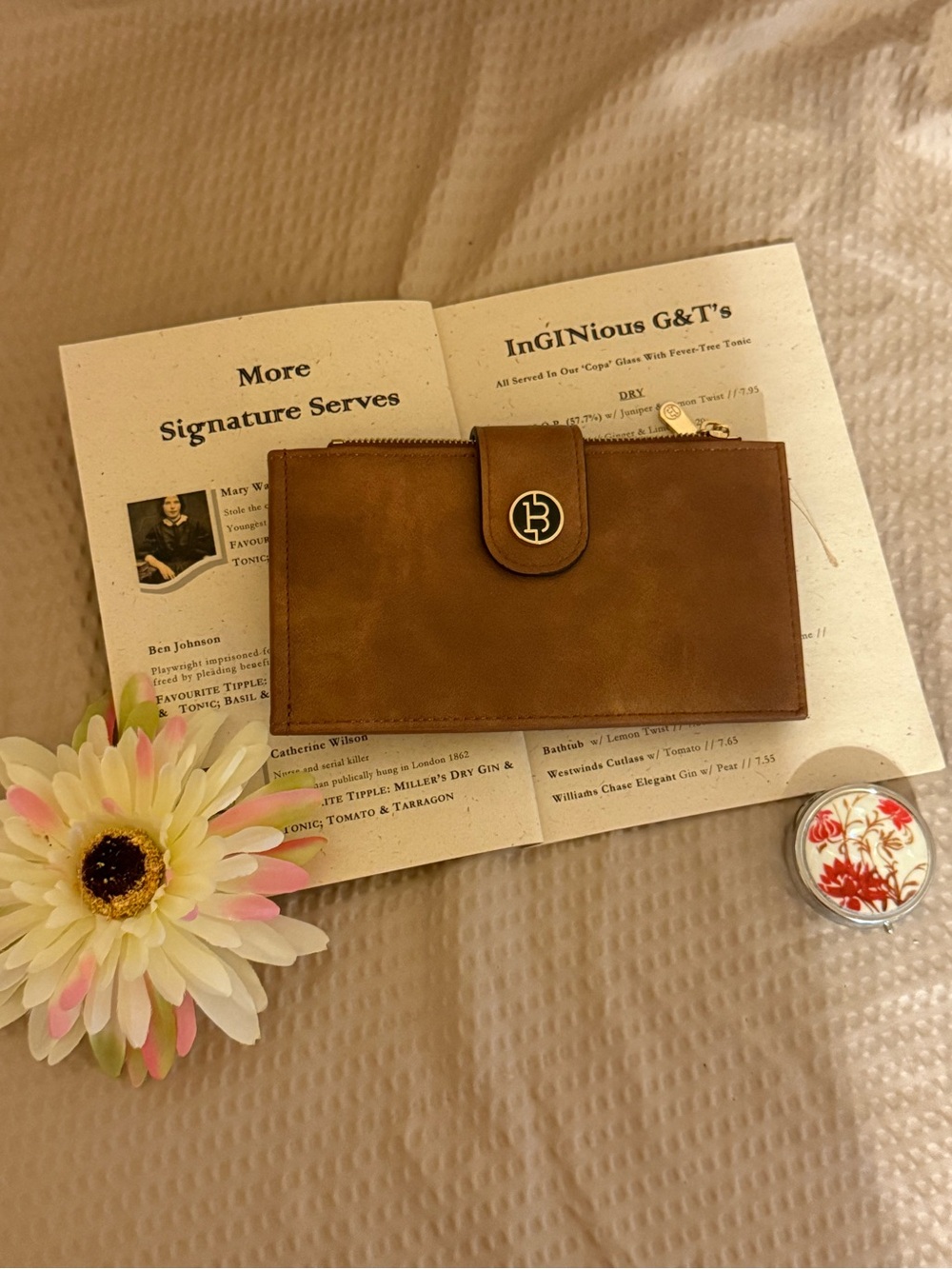 Brown B Logo Organizer Wallet Double Zip Card Holder Snap Closure